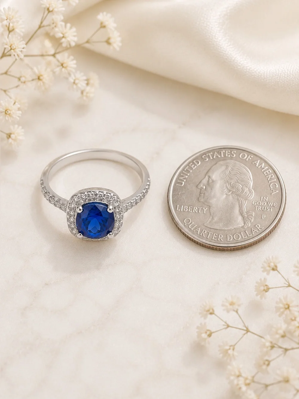 Blue and White CZ Silvertone Halo Ring Size 9.5 – 0.91 Ctw Sapphire Blue Ring